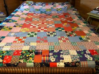 Vintage Quilt Top Nine Patch Hand Stitched 94 X 76 Feed Sack Fabric Multi Color