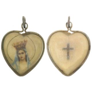 Vintage Lucite Heart Bubble Charm Reversible Virgin Mary / Gold Cross Holy Medal