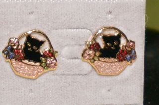 Vintage Black Cat Cloisonne Enamel Earrings 22ct Gold Plated By Fish