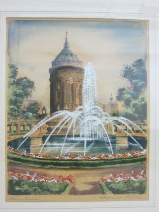 Mid Century VTG Mixed Media Painting European City Fountain Signed Framed 12x15 2