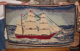 Large Antique Handmade American Maritime Folk Art Clipper Ship Wool Hooked Rug