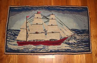 LARGE Antique Handmade American Maritime Folk Art CLIPPER SHIP Wool Hooked Rug 2