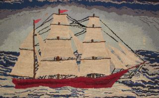 LARGE Antique Handmade American Maritime Folk Art CLIPPER SHIP Wool Hooked Rug 3