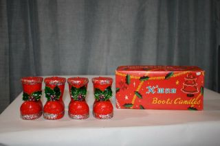 Set Of 4 Vintage Christmas Boot Candles W Holly Mercury Glass Beads