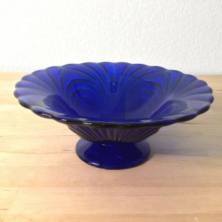 Vintage Large Swirl Pattern 7.  5” Cobalt Blue Footed Bowl With Scalloped Edges