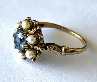 Antique Art Deco Blue Synthetic Spinel Pearl Ladies Ring 10k Solid Gold Sz 6.  5