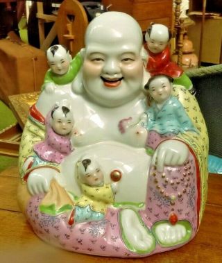 Antique Chinese Famille Rose Porcelain Buddha With Children