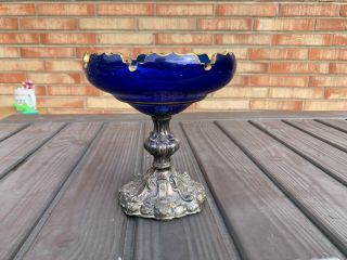 1865 Antique Sterling Silver And Blue Glass Compote