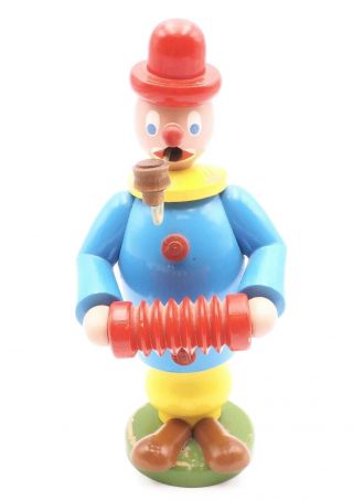 Vintage German Democratic Republic Wooden Clown Toy With Accordion And Pipe