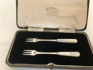 Cased Solid Silver And Mother Of Pearl Pickle Forks 4 " Long (l A) Mop33a