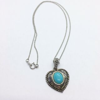 Vtg Sterling Silver 925 Sleeping Beauty Turquoise Heart Pendant Chain Necklace
