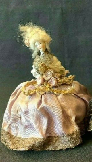 Vintage Porcelain Pincushion Doll W/hair Wig And Lace Trim