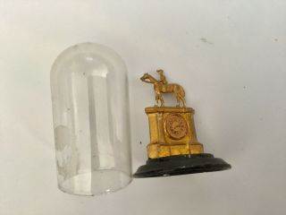 Antique Dolls House Miniature Painted Gold Jockey On Horse Clock In Glass Dome