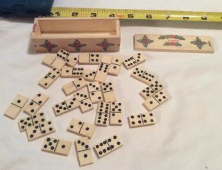 Vintage Mexican Handcarved Bone Mini Dominoes W/ Wood & Bone Box - Complete Set