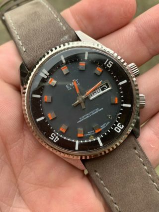 Vintage Diver Watch Emit Rare Date Deluxe 70s Big 42mm World Time Bezel