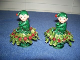 Vintage Christmas Pixie Elf Porcelain Figurines Green W/ Holly Japan 4 1/2 "