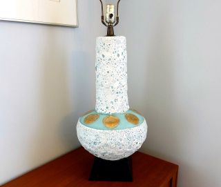 Huge Fat Lava Glaze Ceramic Lamp Vtg Mid Century Pottery Lamp White Aqua Blue