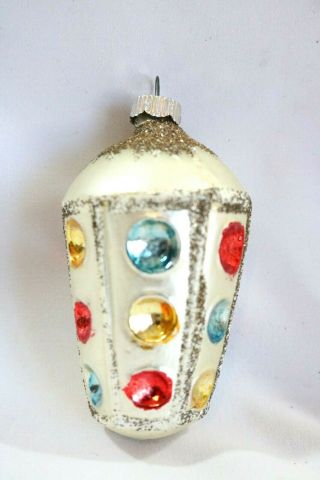 Christmas Ornament Glass Vintage Lantern Shiny Brite Red Blue And Gold 3.  5 "