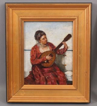 Antique Richard Creifelds Orientalist Portrait Oil Painting,  Woman W/ Mandolin