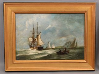 Small Antique American Maritime Brigantine Ship Seascape Oil Painting