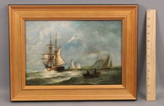 Small Antique American Maritime Brigantine Ship Seascape Oil Painting 2