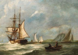 Small Antique American Maritime Brigantine Ship Seascape Oil Painting 3