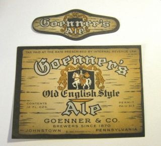 Vintage Irtp Goener English Style Ale Bottle & Neck Beer Label Johnstown Pa