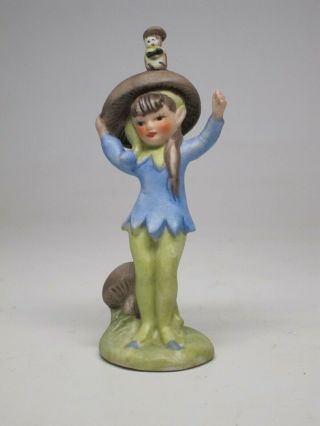 Vtg Pixie Gnome Elf Fairy Figurine Ceramic Porcelain Mini Mushroom Toadstool
