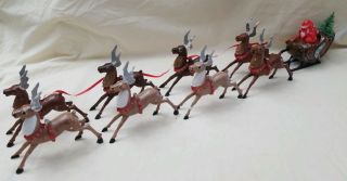 Christmas Plastic Santa Claus Sleigh 8 Reindeers Tabletop Vintage Some Damage