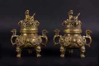 Set Of Two Chinese Bronze Dragon Incence Burners