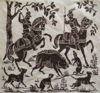 Vintage Completed Cross Stitch Picture Boar Hunt.  Horses,  Dogs,  Hunters 20 " X20 "