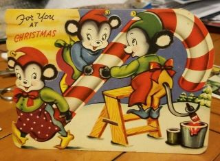 Vtg Die Cut Stand Up Christmas Card Three Mice Candycane Double Sided