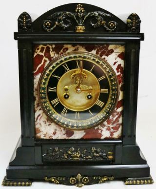 Antique French Slate & Marble With Bronze Mounts 8 Day Striking Mantel Clock 2