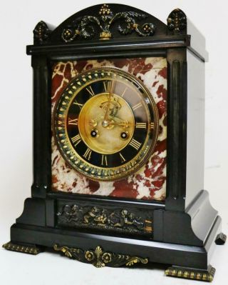 Antique French Slate & Marble With Bronze Mounts 8 Day Striking Mantel Clock 3