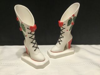 Set Of 2 Vintage Napco Ceramic White Christmas Shoe Boot W/ Holly Vase Figurines