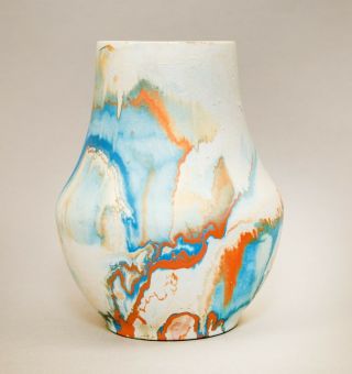 Vintage Nemadji Pottery 6.  5 " Vase Blue Orange Drip Swirl