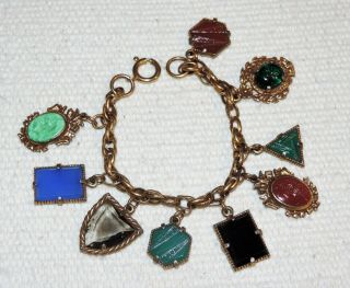 Vintage Czech Glass Victorian Etruscan Style Cameo Marcasite Fob Charm Bracelet