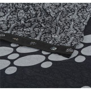 Sanskriti Vintage Black Saree Georgette Printed Sari 5 Yard Craft Decor Fabric 2