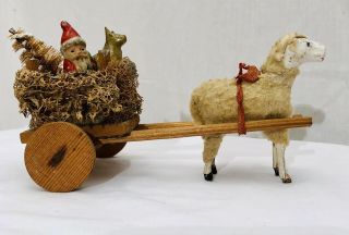 Antique German Putz Stick Leg Woolly Sheep Pulling Loofah Cart With Santa & Toys
