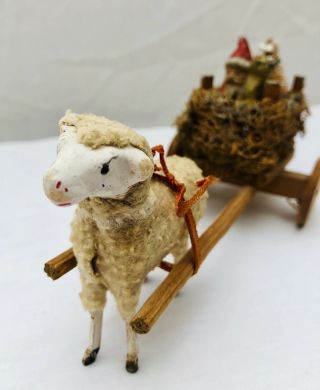 Antique German Putz Stick Leg Woolly Sheep Pulling Loofah Cart with Santa & Toys 2
