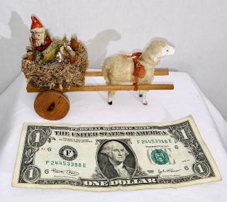 Antique German Putz Stick Leg Woolly Sheep Pulling Loofah Cart with Santa & Toys 3