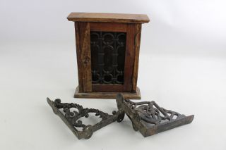 3 X Antique / Vintage Gothic Items Inc.  Wooden Key Cabinet,  Cast Iron Brackets