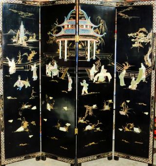 Antique Chinese Four Panel Screen - Black Lacquer With Semi Precious Stone Inlay