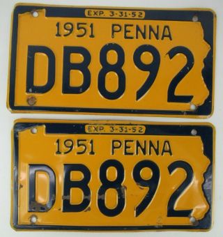 Vintage 1951 Pennsylvania Penna License Plate (matching Pair) 11 " X 6 "