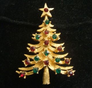 Vintage Mylu Gold Tone Red Green Rhinestone Christmas Tree Pin Brooch Book Piece