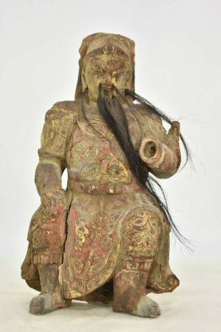Antique Chinese Red & Gilded Wooden Carved Statue / Figure Of Warrior,  19th C