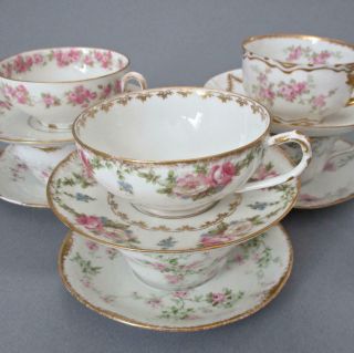 6 Asst Antique Haviland Limoges Porcelain Cups,  Saucers Pink Roses Gilt Trim
