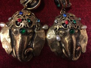 Signed Joseff (of Hollywood) Antiqued Gold Jeweled Elephant Clip Earrings
