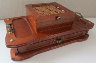 Vintage Mcm Mid Century Modern Wooden Rattan Top Jewelry Organizer Chest Box