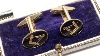 Antique Vintage Heavy Solid 9ct Gold Enamel Masonic Cuff Links 8.  7grams